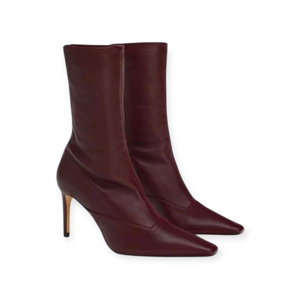 Zara Woman Burgundy Leather Pointed Toe Ankle Boots Size 39